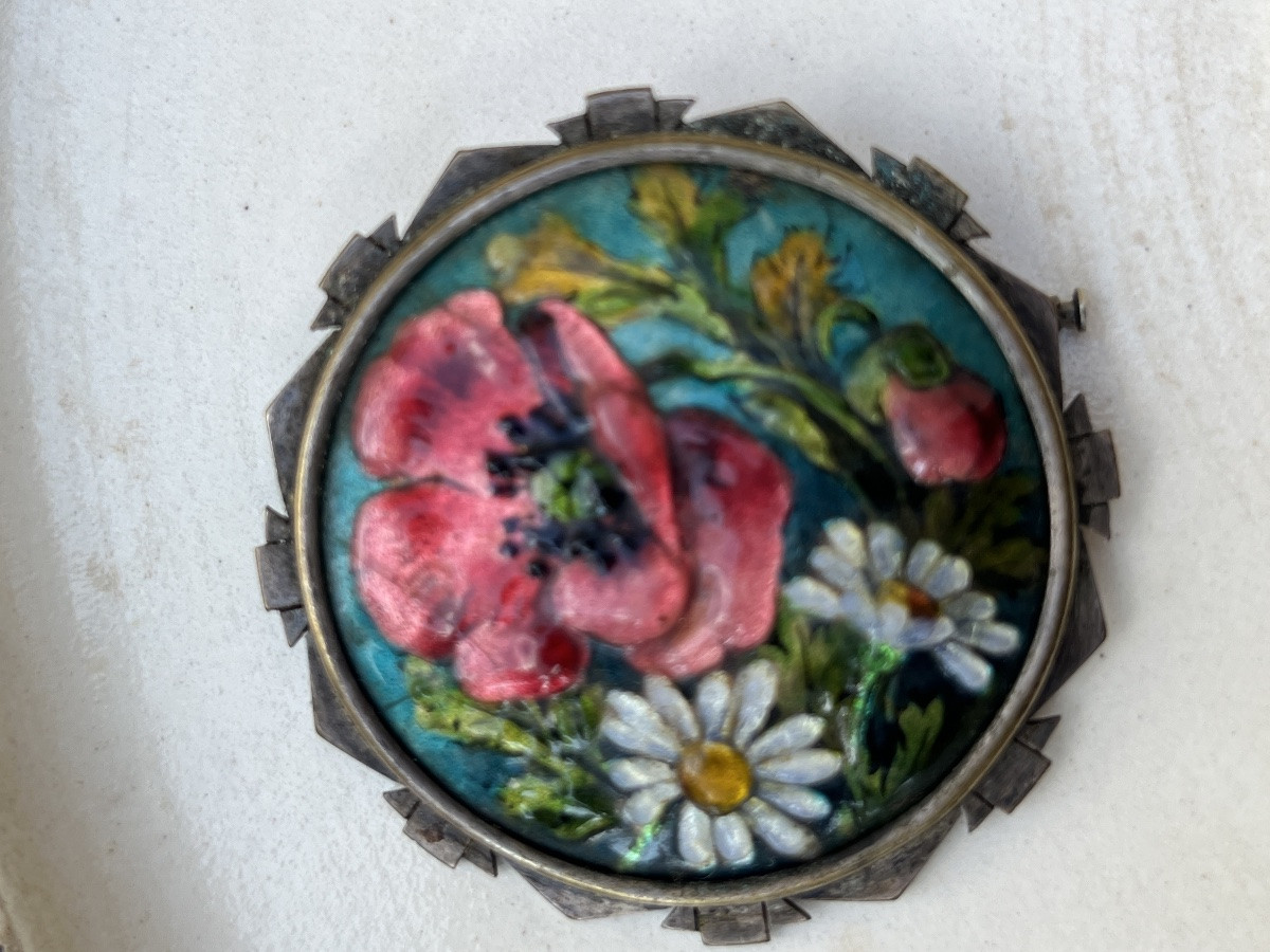 Broche émail de limoges décor fleurs et argent estampillé thoumieux-photo-4