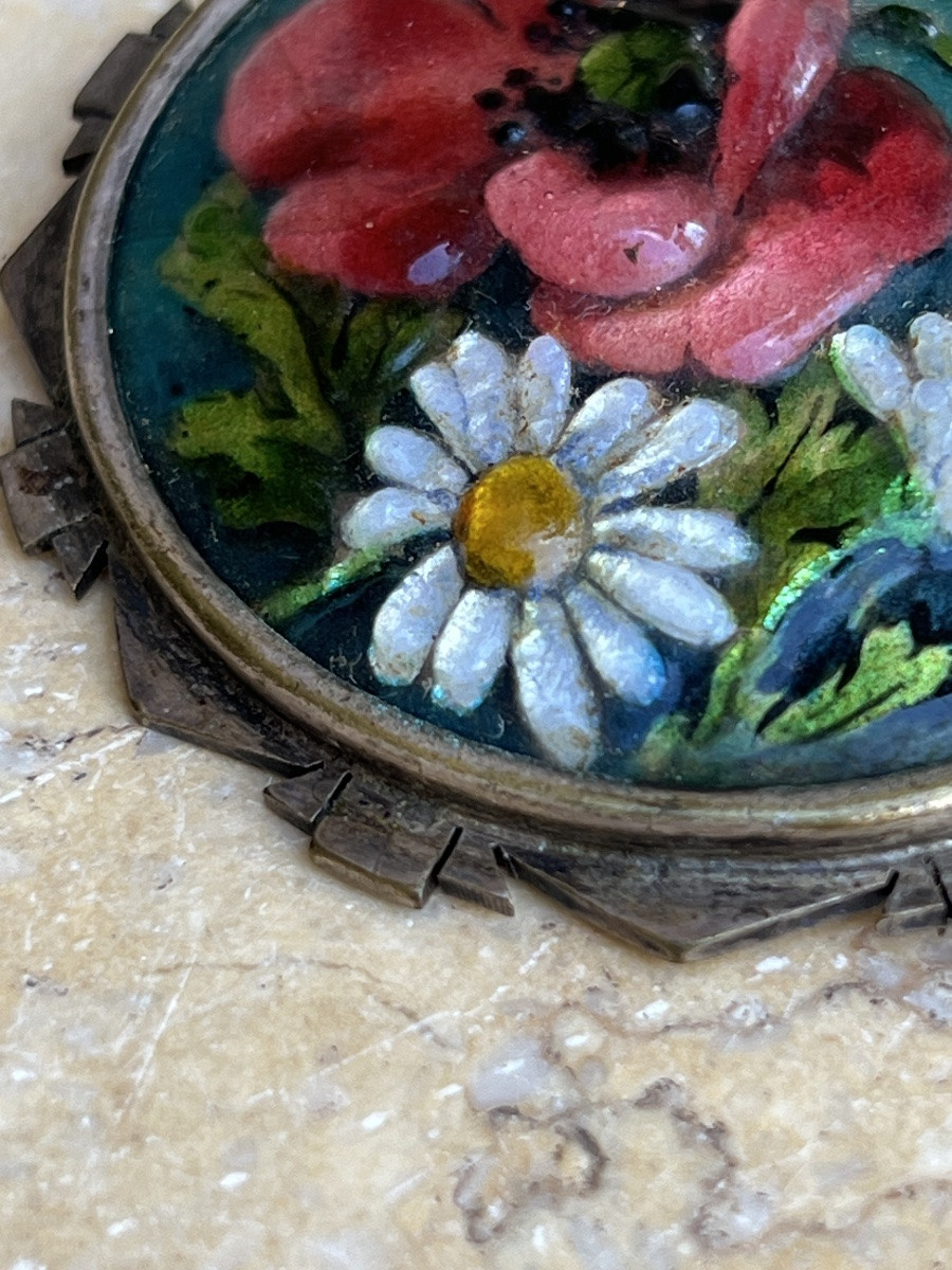 Broche émail de limoges décor fleurs et argent estampillé thoumieux-photo-1
