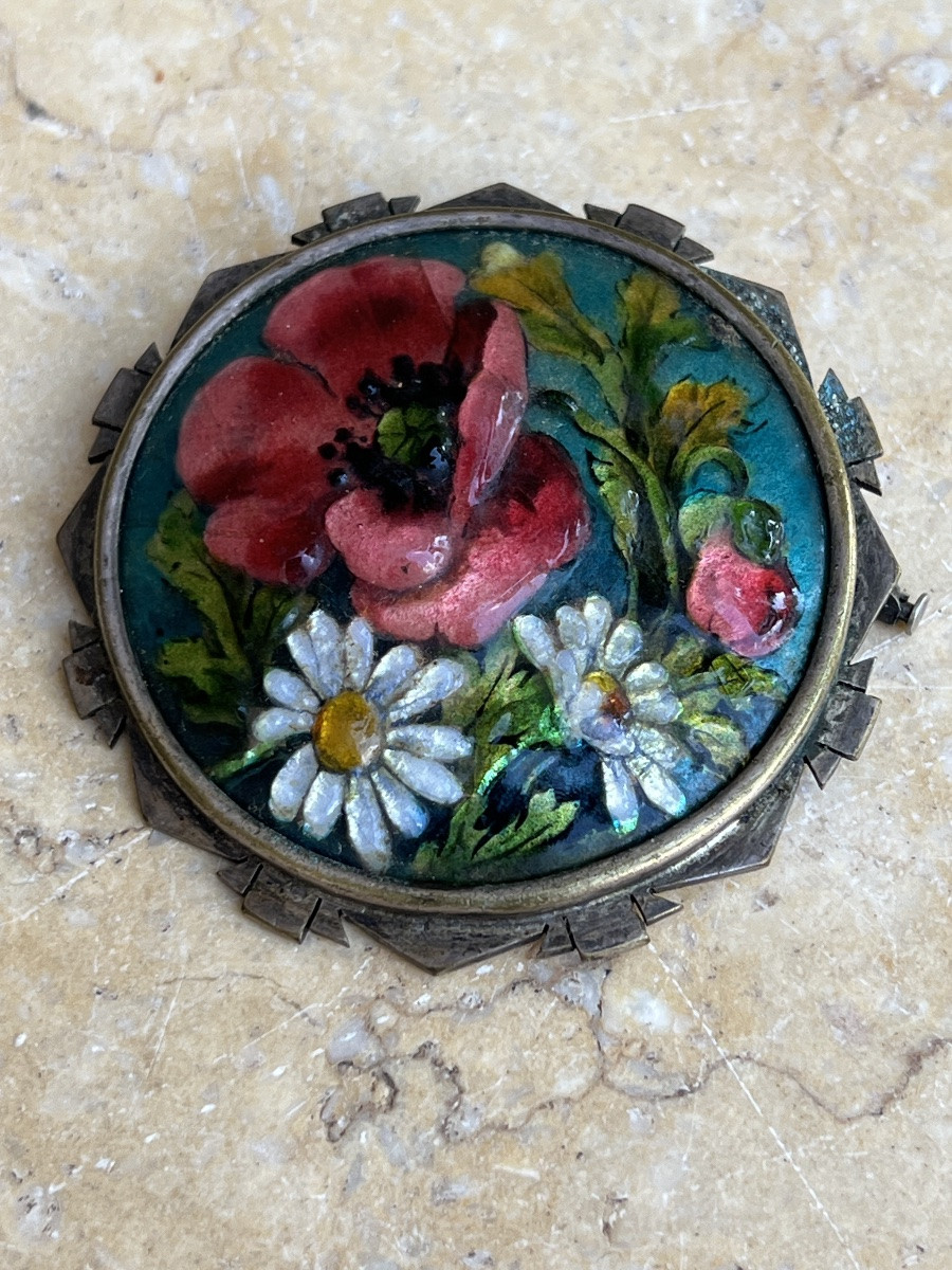 Broche émail de limoges décor fleurs et argent estampillé thoumieux-photo-5