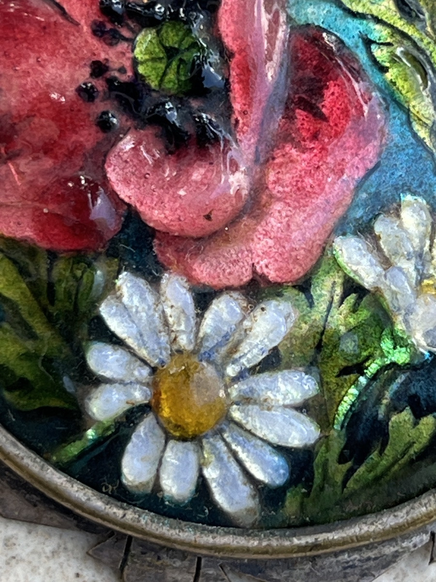 Broche émail de limoges décor fleurs et argent estampillé thoumieux-photo-8