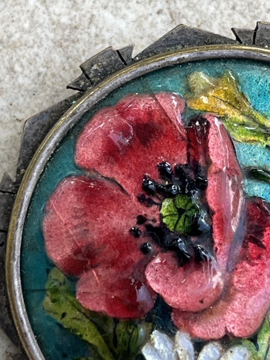 Broche émail de limoges décor fleurs et argent estampillé thoumieux