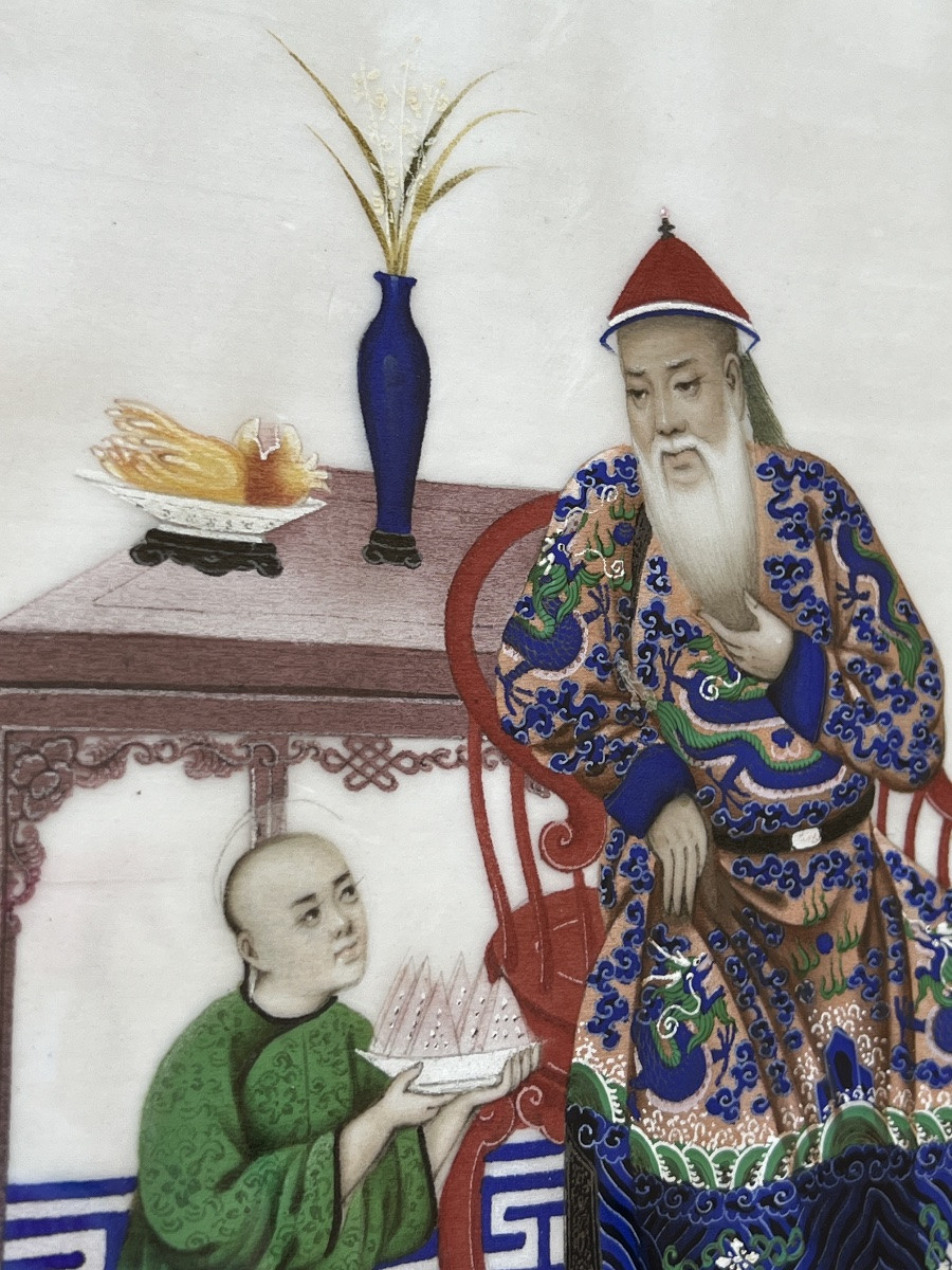 Dignitaire Peinture sur papier de riz milieu 19 e siècle Chine -photo-2