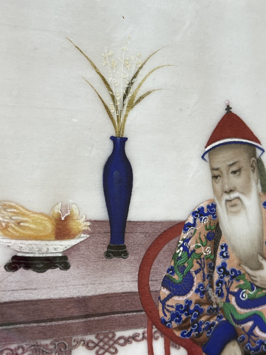 Dignitaire Peinture sur papier de riz milieu 19 e siècle Chine -photo-3