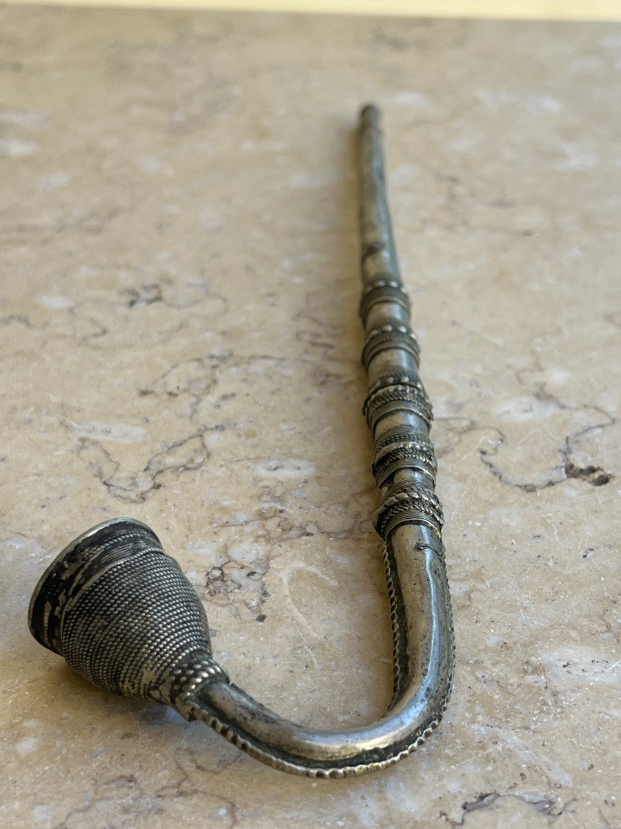 Pipe à opium en argent filigrane, fin 19 siècle , tribu Wa Birmanie -photo-1