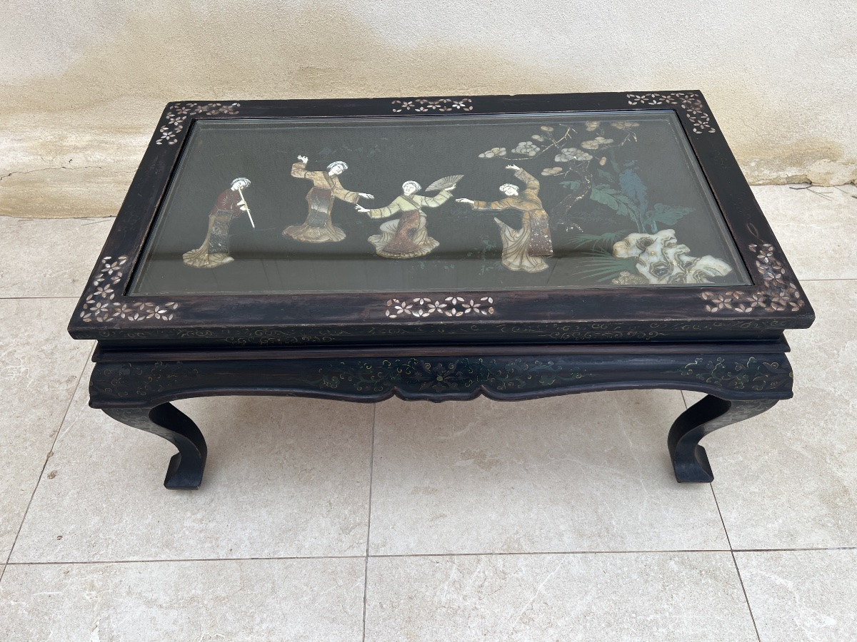 Table basse chinoise à décor personnage jade et os xx e siècle -photo-2