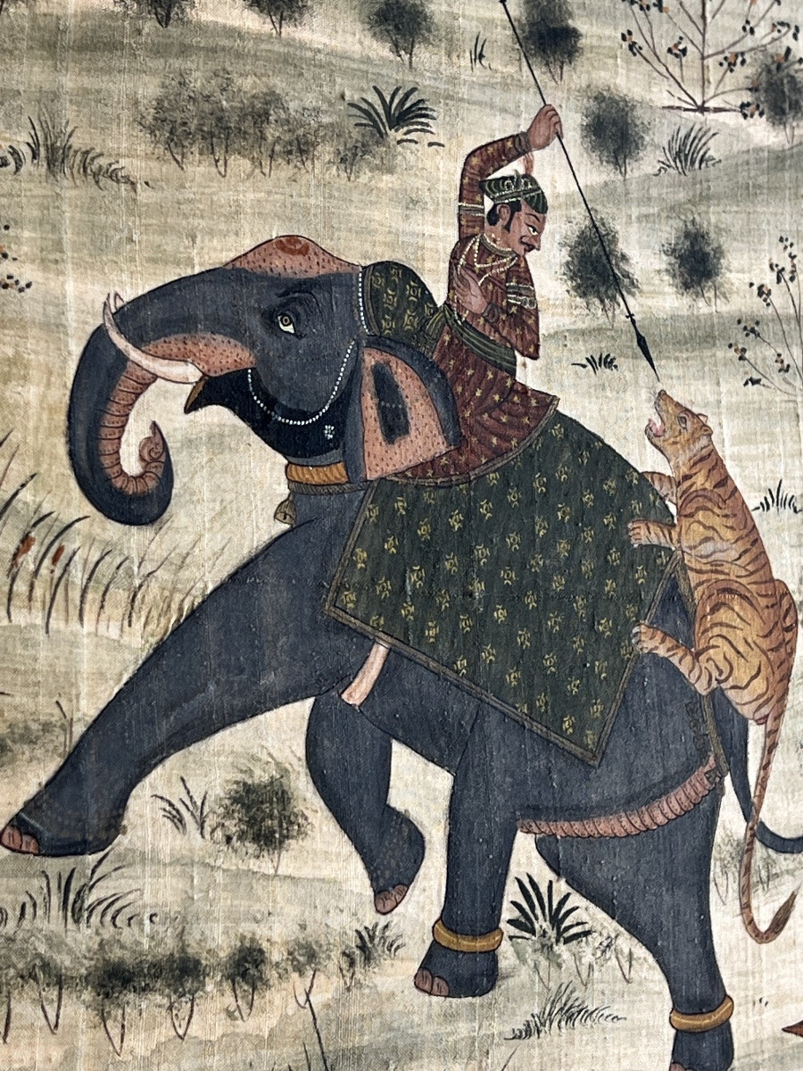 Peinture orientaliste indienne chasse au tigre sur soie fin 19 eme siècle -photo-3