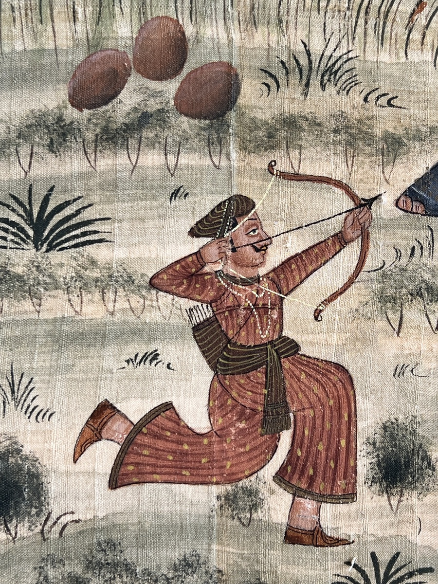 Peinture orientaliste indienne chasse au tigre sur soie fin 19 eme siècle -photo-4