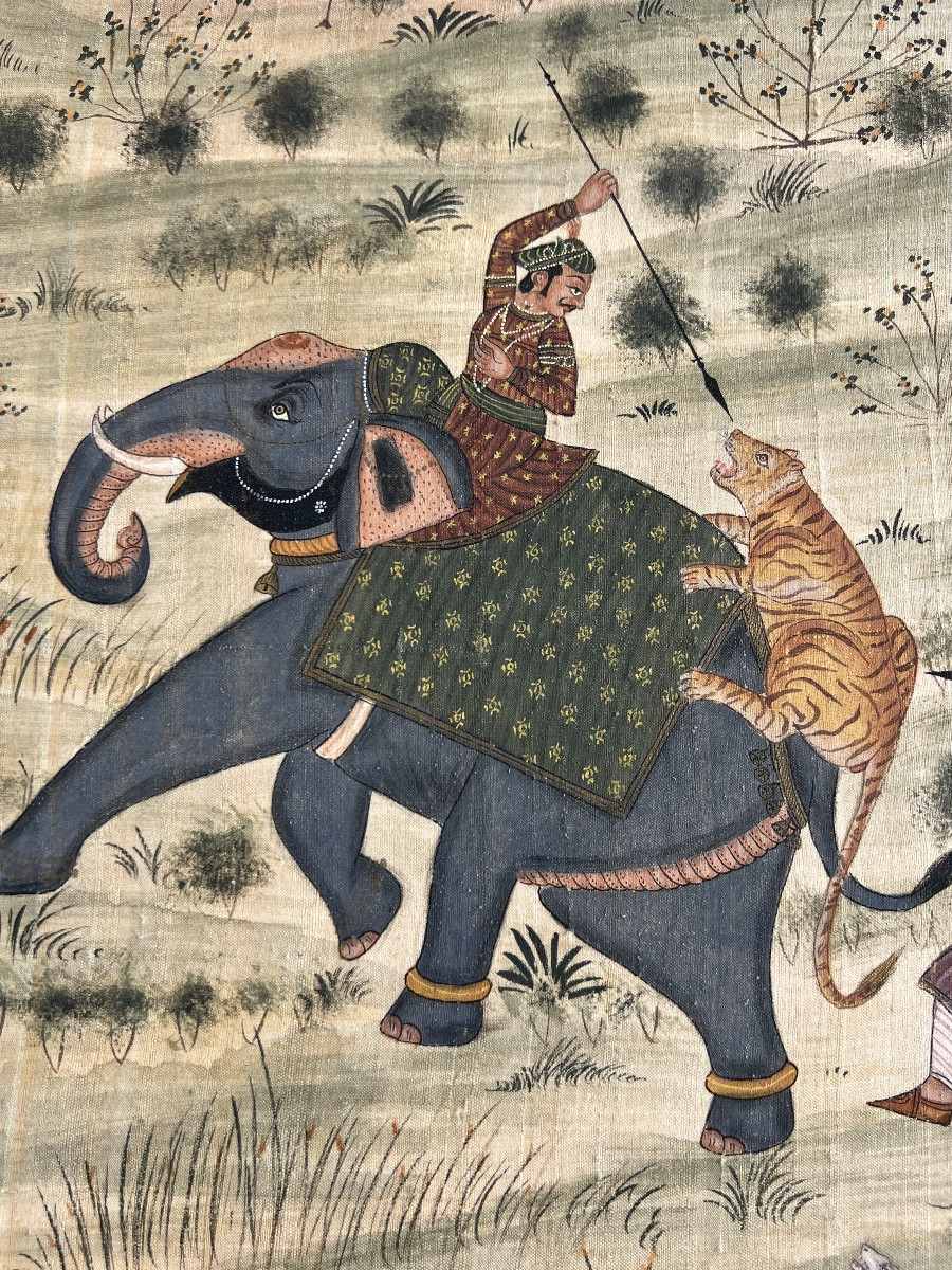 Peinture orientaliste indienne chasse au tigre sur soie fin 19 eme siècle -photo-1