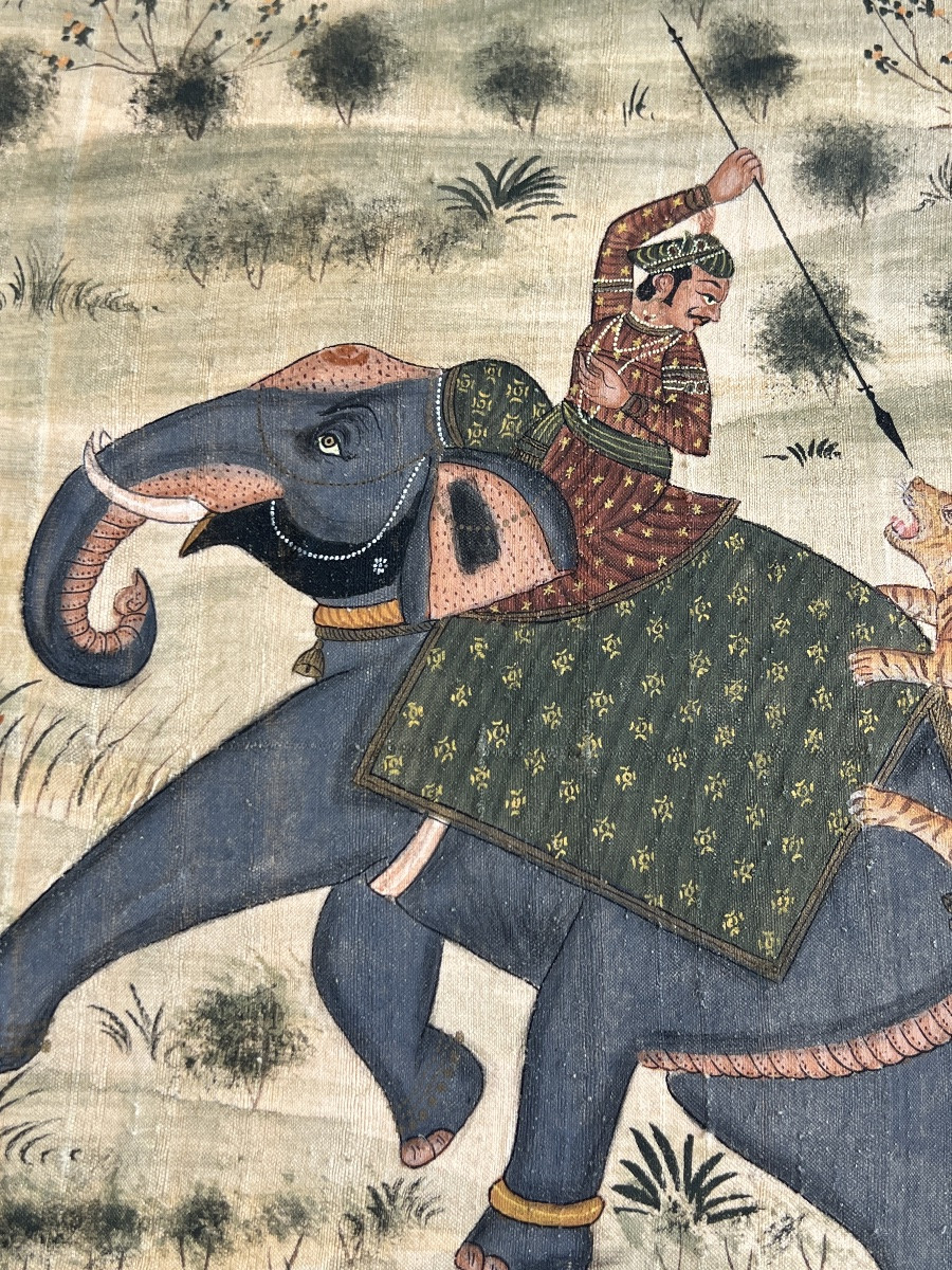 Peinture orientaliste indienne chasse au tigre sur soie fin 19 eme siècle -photo-2