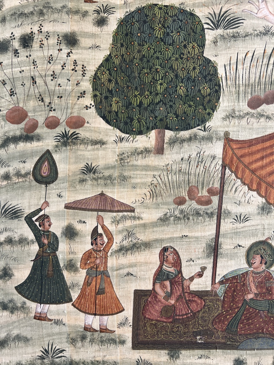 Peinture orientaliste indienne chasse au tigre sur soie fin 19 eme siècle -photo-6