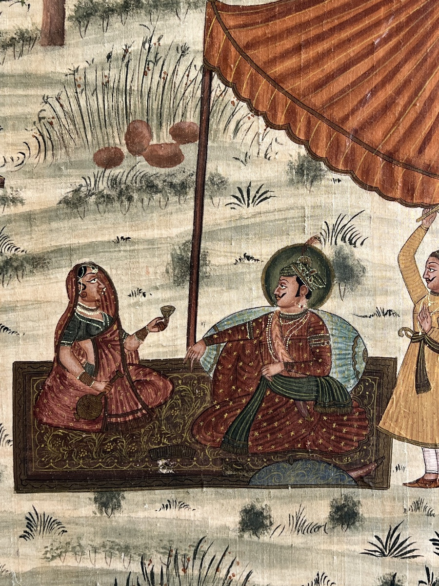 Peinture orientaliste indienne chasse au tigre sur soie fin 19 eme siècle -photo-7