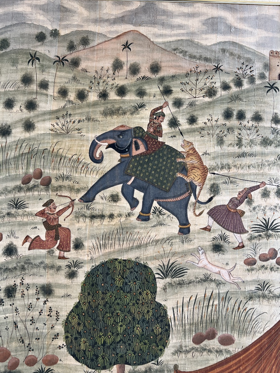 Peinture orientaliste indienne chasse au tigre sur soie fin 19 eme siècle -photo-8