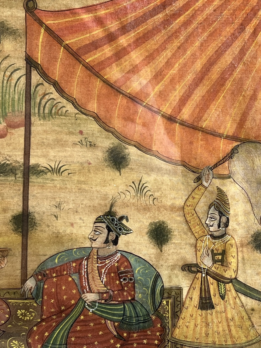 Peinture orientaliste sur soie indienne « le Maharajah » fin 19 eme siècle -photo-4