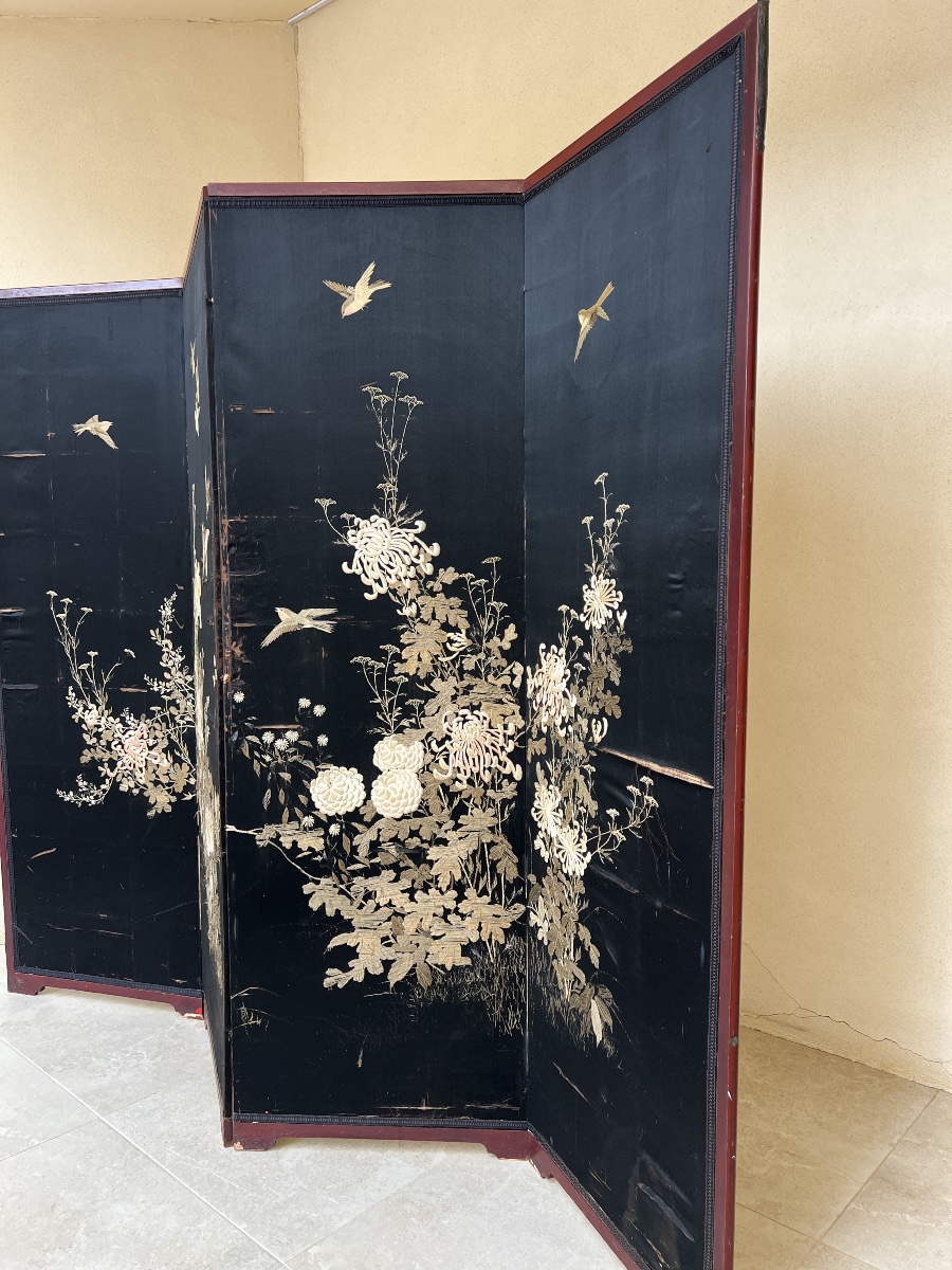 Paravent Japonais soie brodé période Taisho .-photo-4