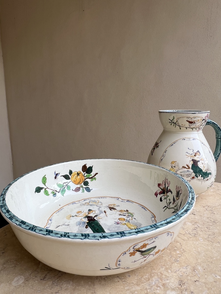 Toilet Set With Pitcher, Featuring Fairy And Cherub Designs, Sarreguemines Lutece -photo-2