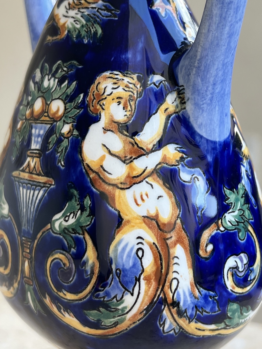 Vase bleu à décor chérubins et coupe de fruits -photo-4