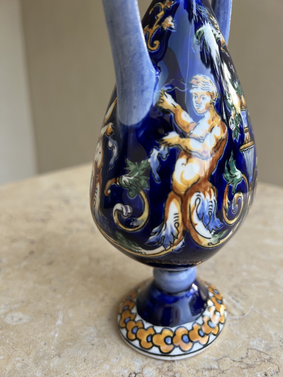 Vase bleu à décor chérubins et coupe de fruits -photo-8