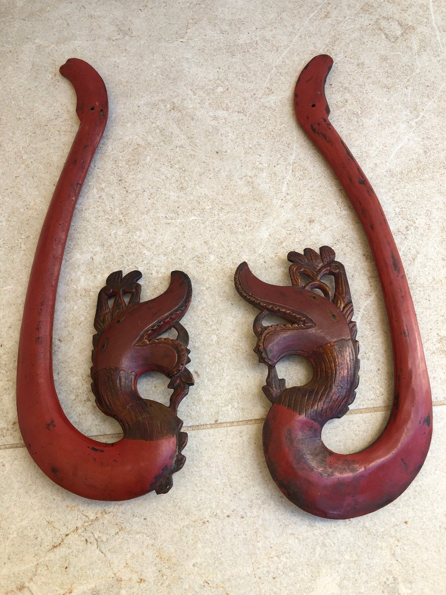 Rare Paire d'Embrase De Lit A Baldaquin Bois Sculté Bali Indonesie-photo-3