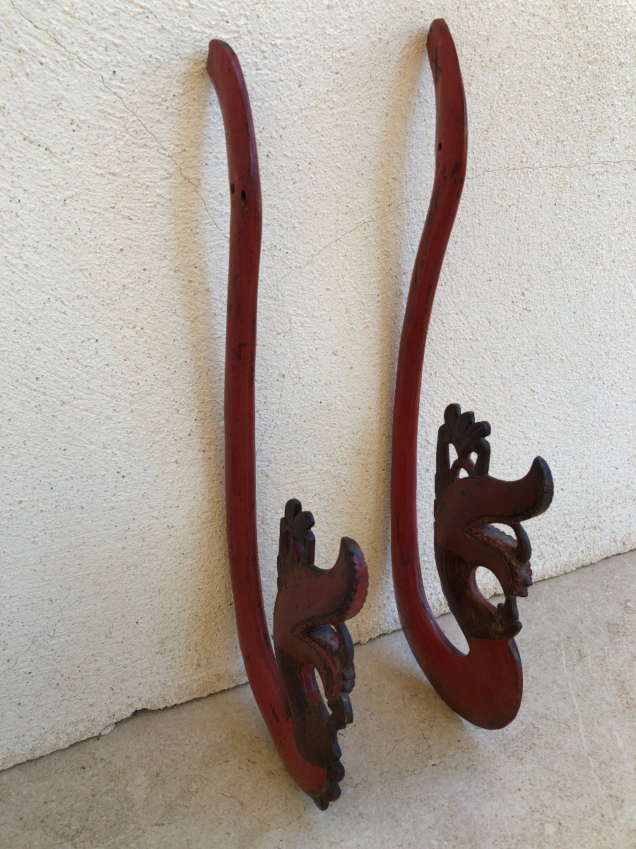 Rare Paire d'Embrase De Lit A Baldaquin Bois Sculté Bali Indonesie-photo-8