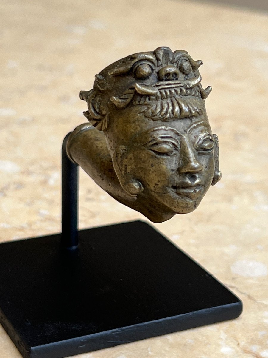 Pipe Opium En Bronze , Tete Femme Avec Ogre Bilu , Birmanie .-photo-2