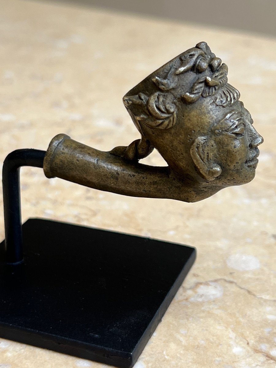 Pipe Opium En Bronze , Tete Femme Avec Ogre Bilu , Birmanie .-photo-2