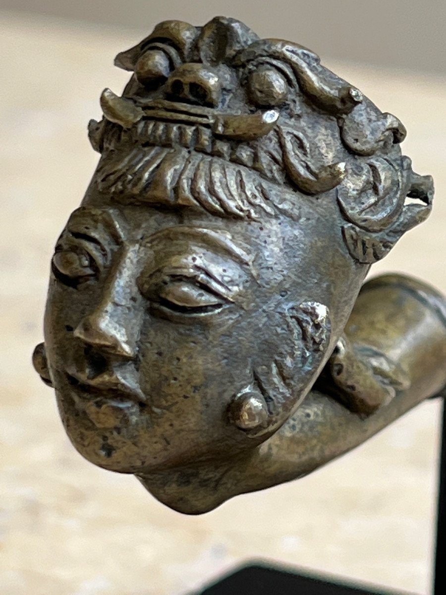 Pipe Opium En Bronze , Tete Femme Avec Ogre Bilu , Birmanie .-photo-7