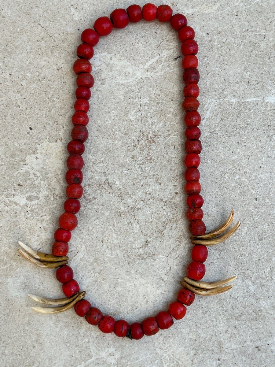 Collier De Chasseur , Pate De Verre Rouge et griffe Ethnie  Konyak , Nagaland-photo-2