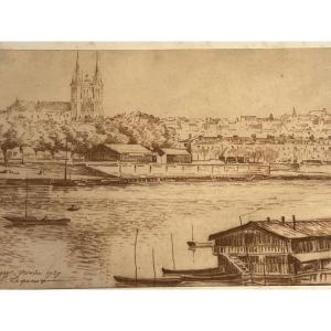 Paysage Port d'Angers  Crayon 1929 Par Emile Lequeux 