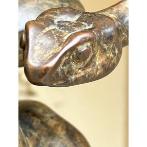 Hyperrealistic Animal Bronze Snake On Black Marble Base 20th Century.