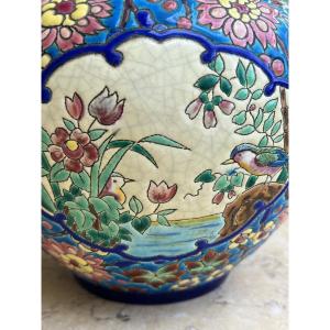 Vase émaux de longwy décor aux 2 Martin pêcheur art deco 