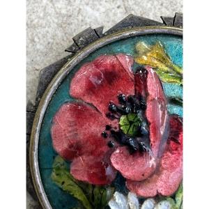 Broche émail de limoges décor fleurs et argent estampillé thoumieux