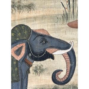 Peinture orientaliste indienne chasse au tigre sur soie fin 19 eme siècle 