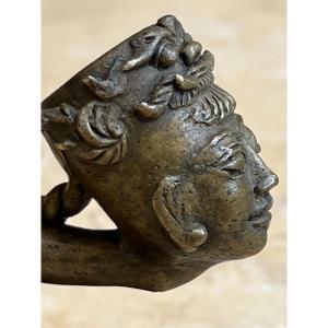 Bronze Opium Pipe, Female Head With Ogre Bilu, Burma.