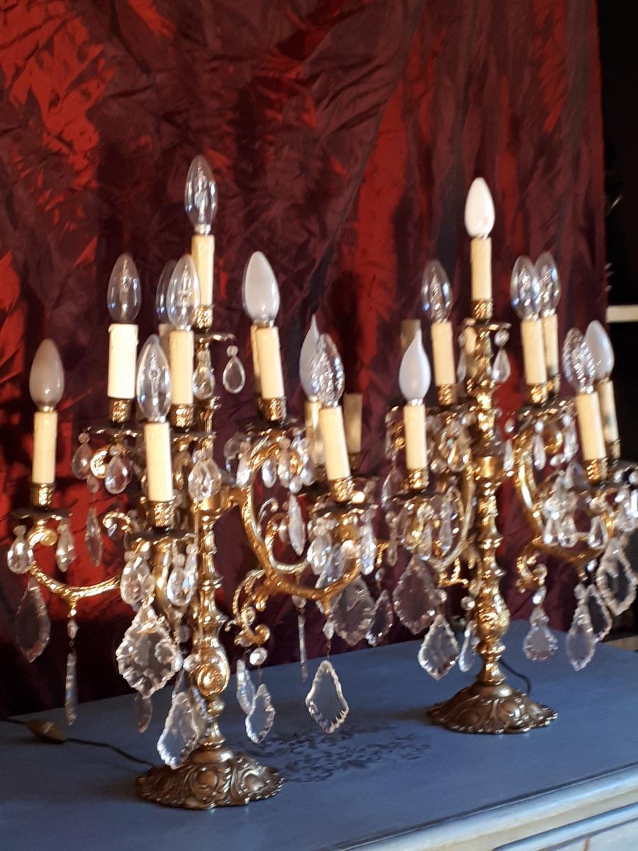 Pair Of Girandoles Gilt Bronze And Crystal Late 19th