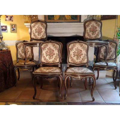 Suite De 6 Chaises Louis XV  en noyer et peinture