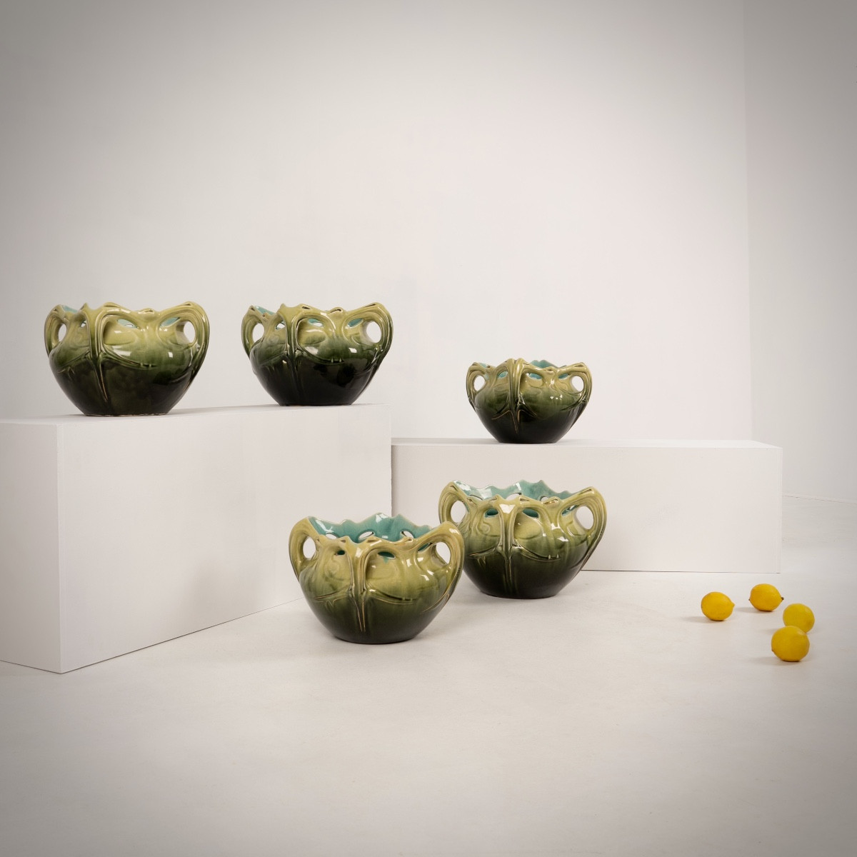 Hector Guimard, Rare Set Of 5 Ceramics, De Bruyn Ed., Circa 1900-photo-2