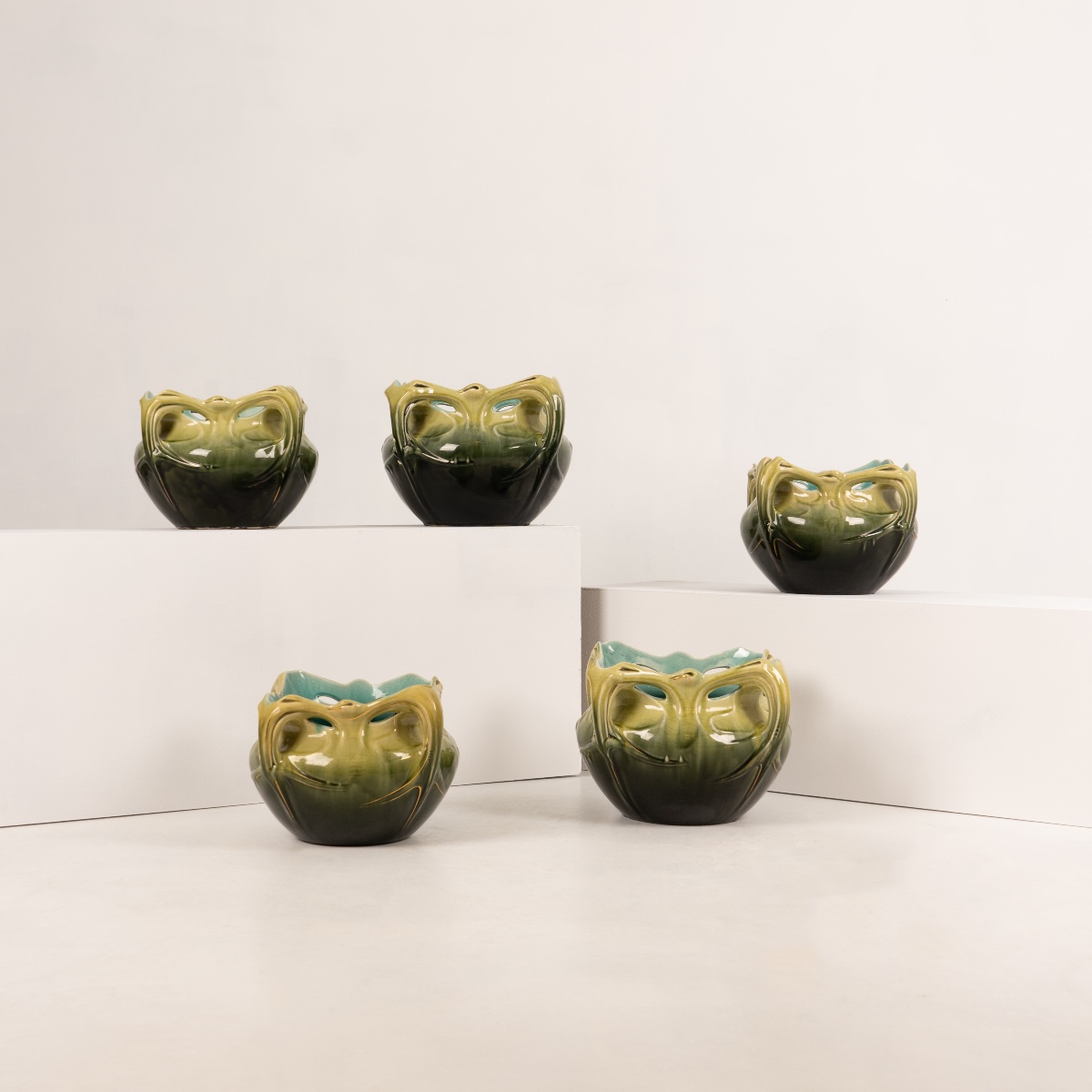 Hector Guimard, Rare Set Of 5 Ceramics, De Bruyn Ed., Circa 1900