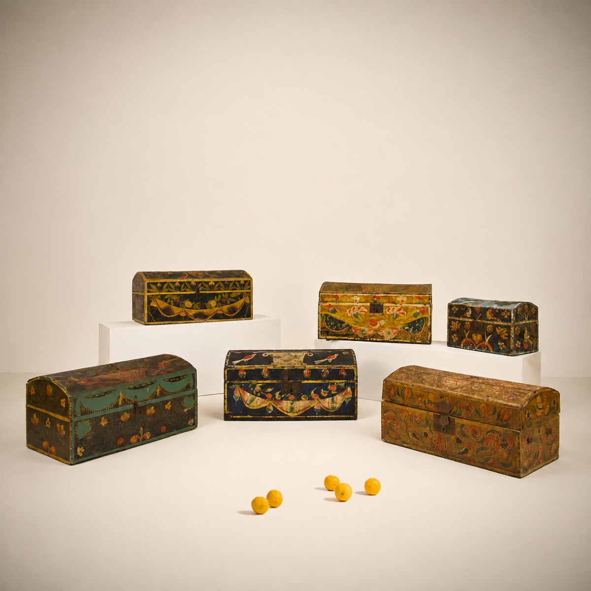 Ensemble rare de 6 coffres de mariage normand, Art populaire, France, circa 1790-photo-2