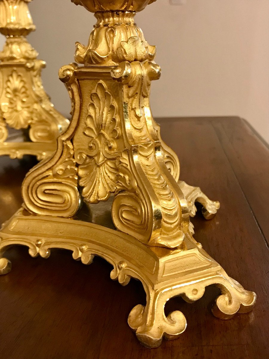 Une Belle Paire de Chandeliers en bronze doré Charles X - Restauration-photo-4