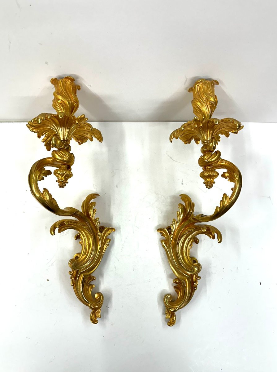 Pair Of Large Wall Sconces - Gilt Bronze - Louis XV Style - 19th Century-photo-4