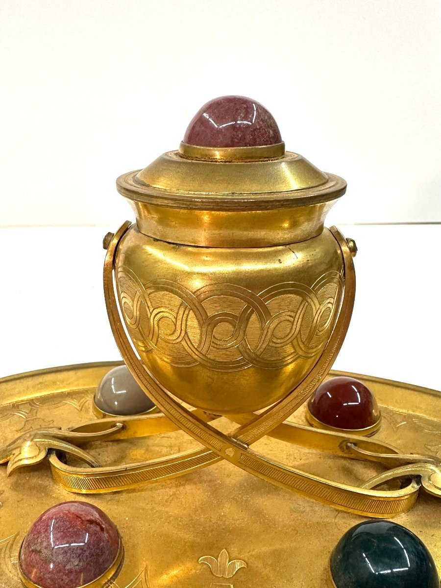 Inkwell/writing Table - Samson Werthheimer - Gilt Bronze - Hardstones - 19th Century-photo-3