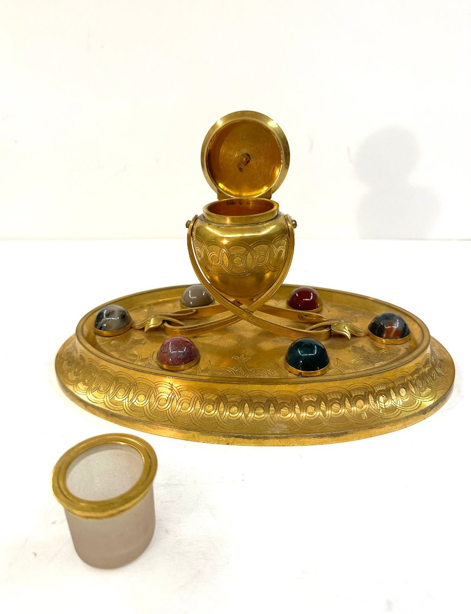 Inkwell/writing Table - Samson Werthheimer - Gilt Bronze - Hardstones - 19th Century-photo-6