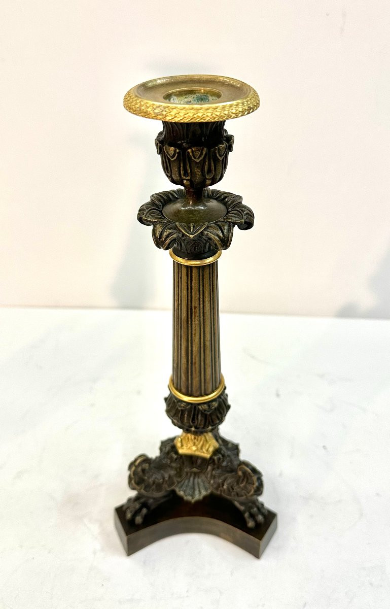 PAIRE BOUGEOIRS - BRONZE PATINE ET DORE - EPOQUE RESTAURATION-photo-3