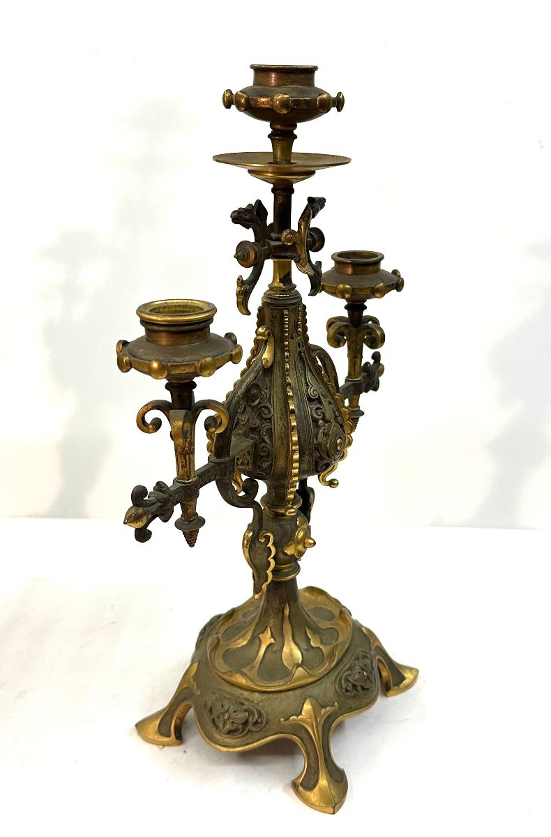 PAIRE DE CHANDELIERS - BRONZE DORE ET PATINE - GEOFFROY DECHAUME - 1840-photo-2