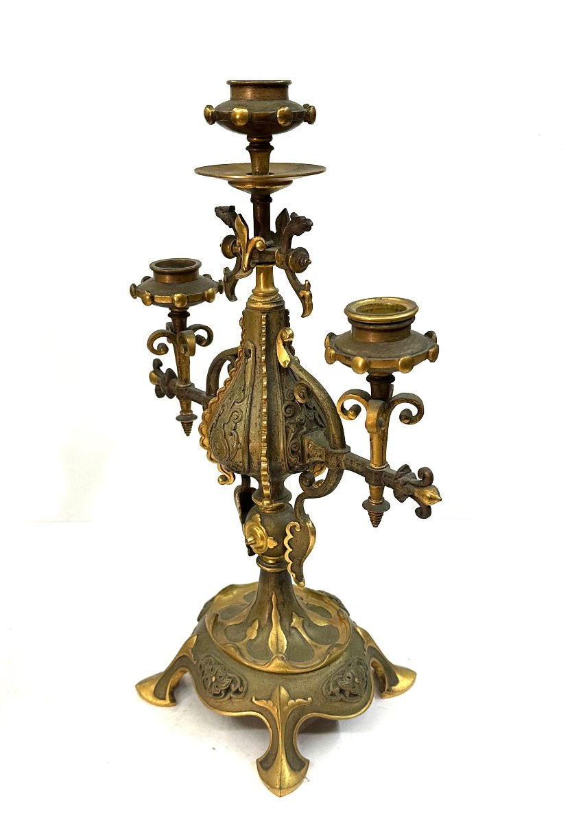 PAIRE DE CHANDELIERS - BRONZE DORE ET PATINE - GEOFFROY DECHAUME - 1840-photo-3