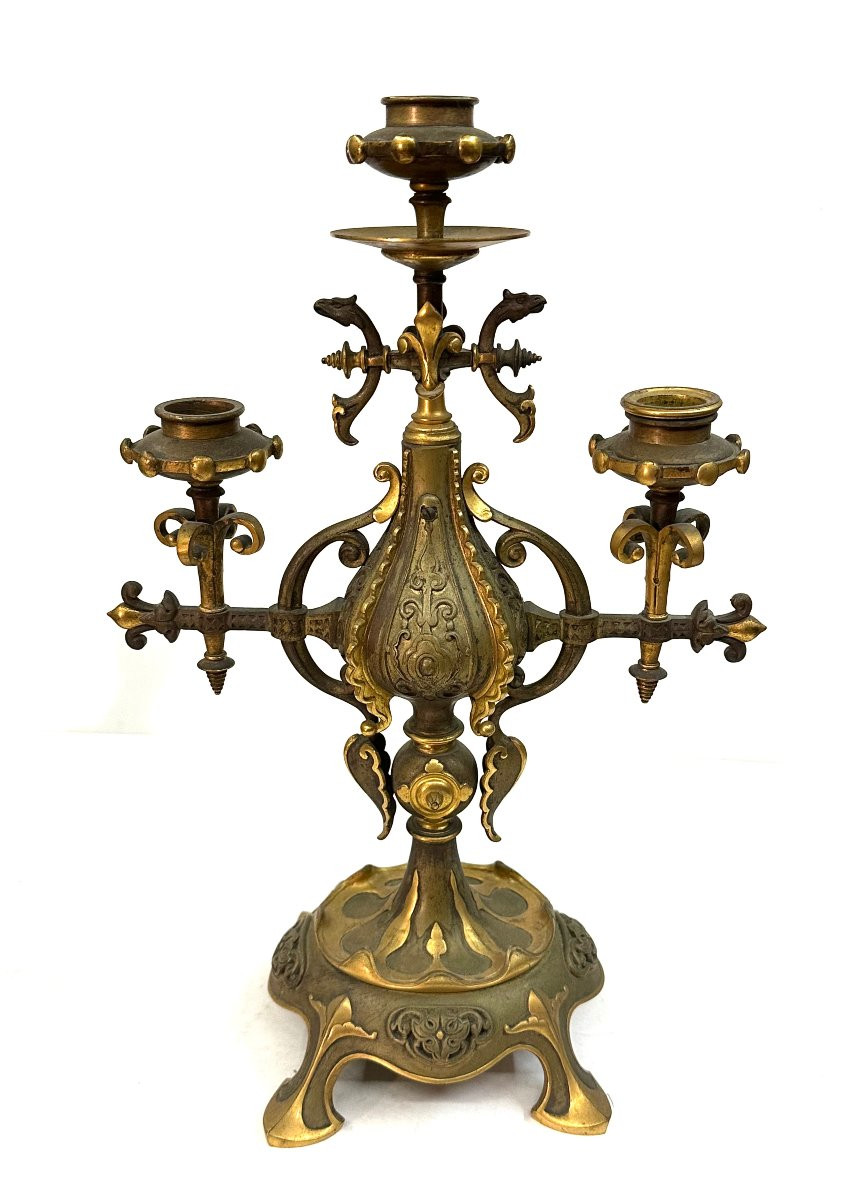 PAIRE DE CHANDELIERS - BRONZE DORE ET PATINE - GEOFFROY DECHAUME - 1840-photo-4