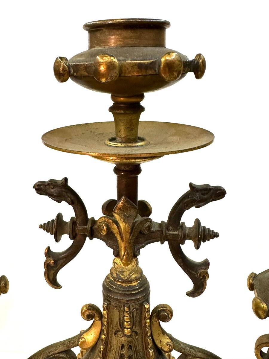 PAIRE DE CHANDELIERS - BRONZE DORE ET PATINE - GEOFFROY DECHAUME - 1840-photo-2