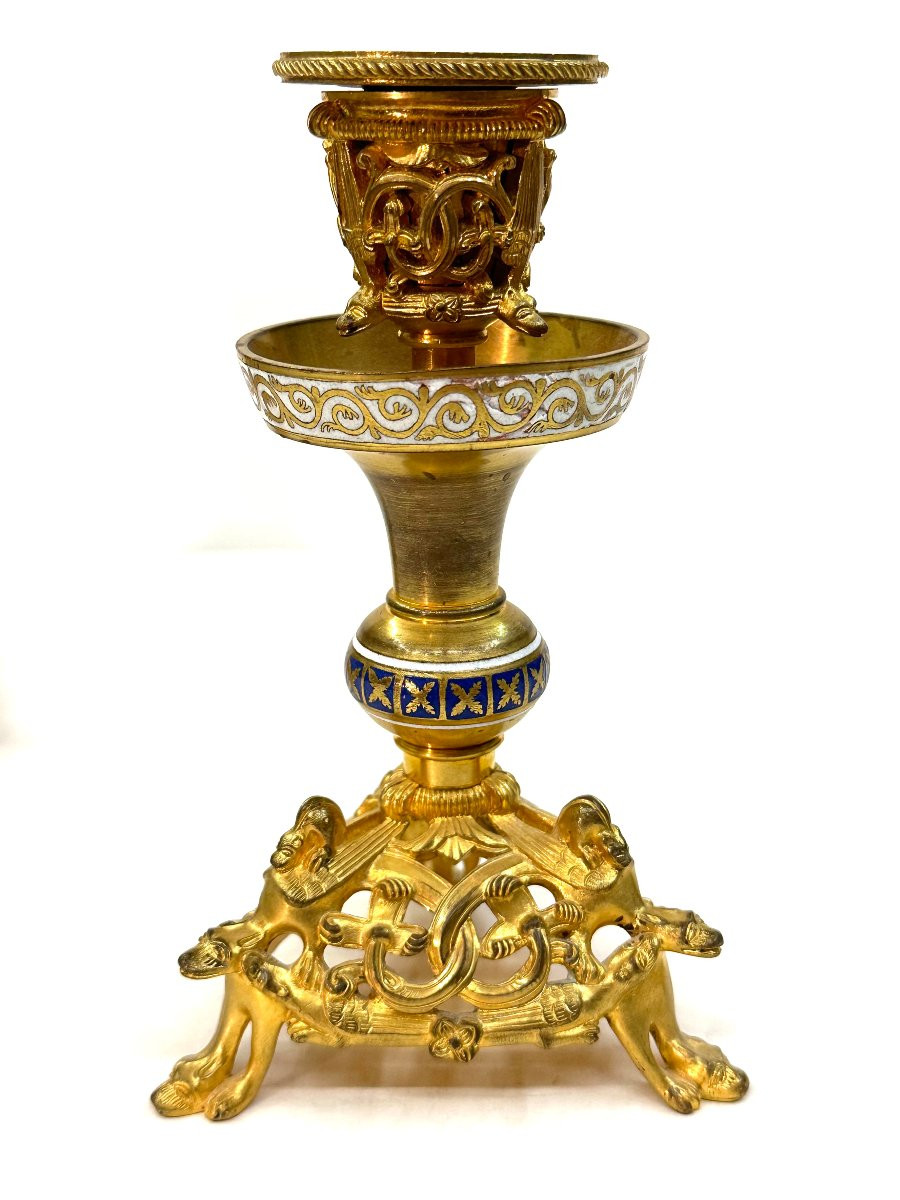 PAIRE DE BOUGEOIRS - BRONZE DORE ET EMAUX CLOISONNES - NEOGOTHIQUE - XIXEME SIECLE-photo-4