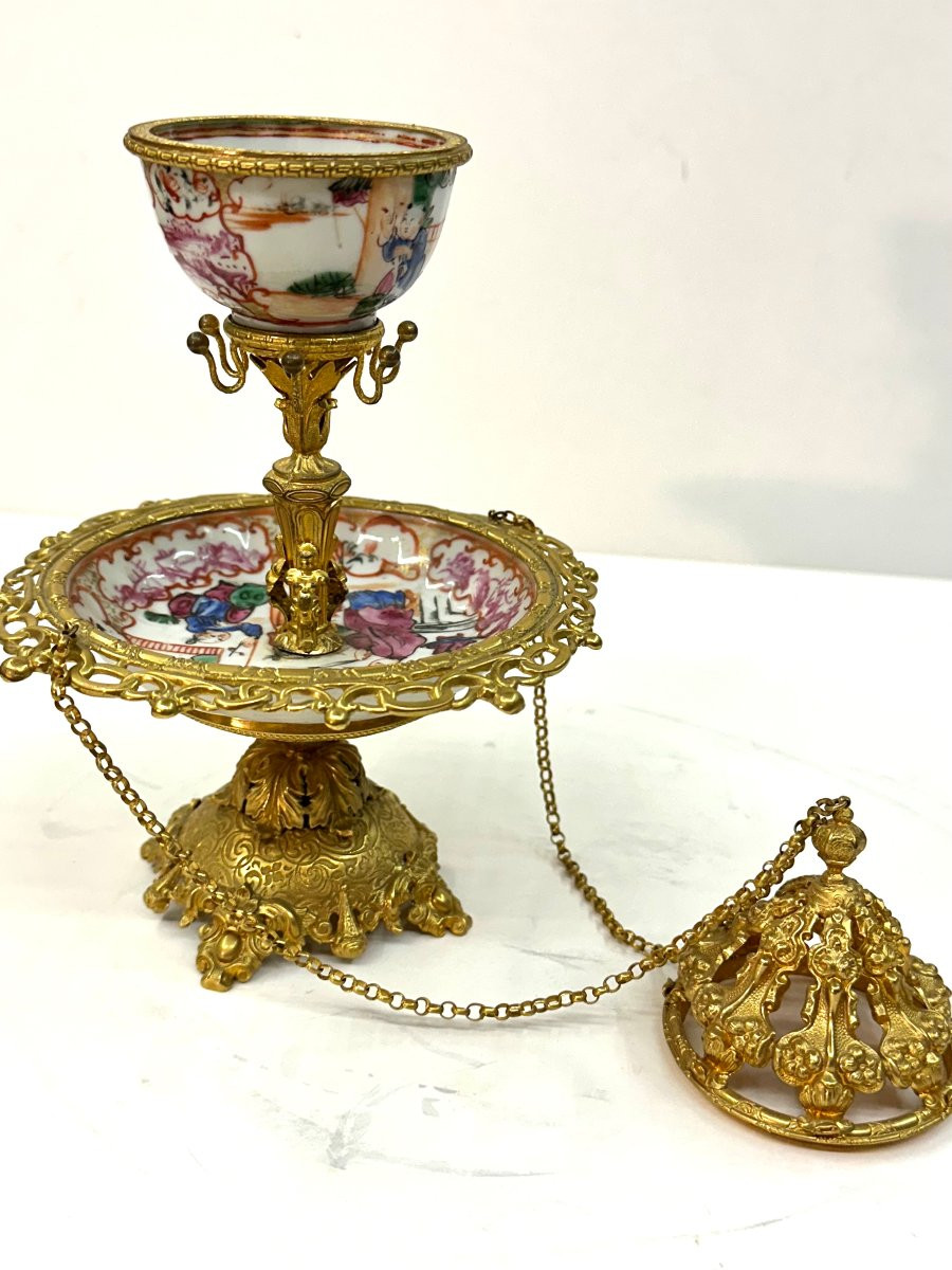 COUPE-BAGUIER-POT POURRI - PORCELAINE DE CHINE - LAITON DORE - EPOQUE XVIIIème / NAPOLEON III-photo-3