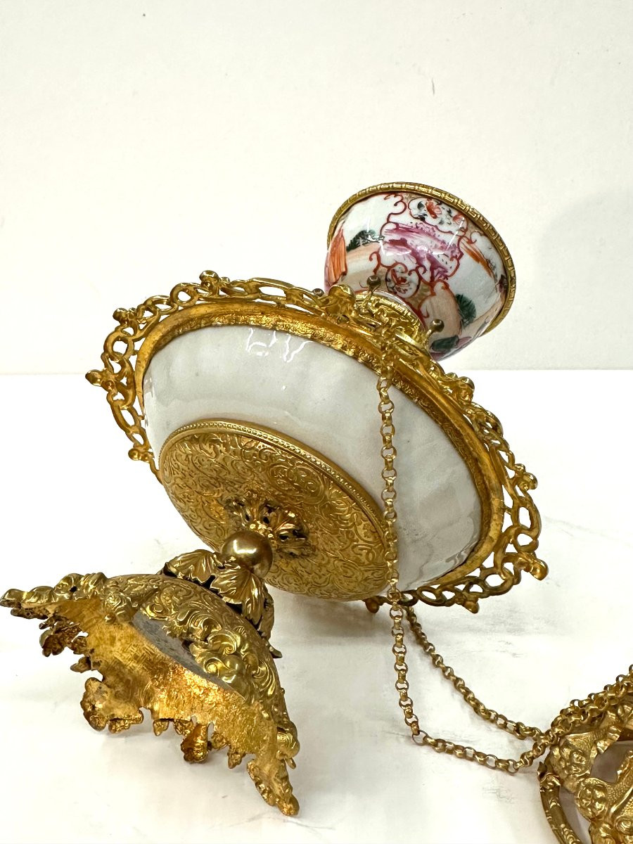 COUPE-BAGUIER-POT POURRI - PORCELAINE DE CHINE - LAITON DORE - EPOQUE XVIIIème / NAPOLEON III-photo-7